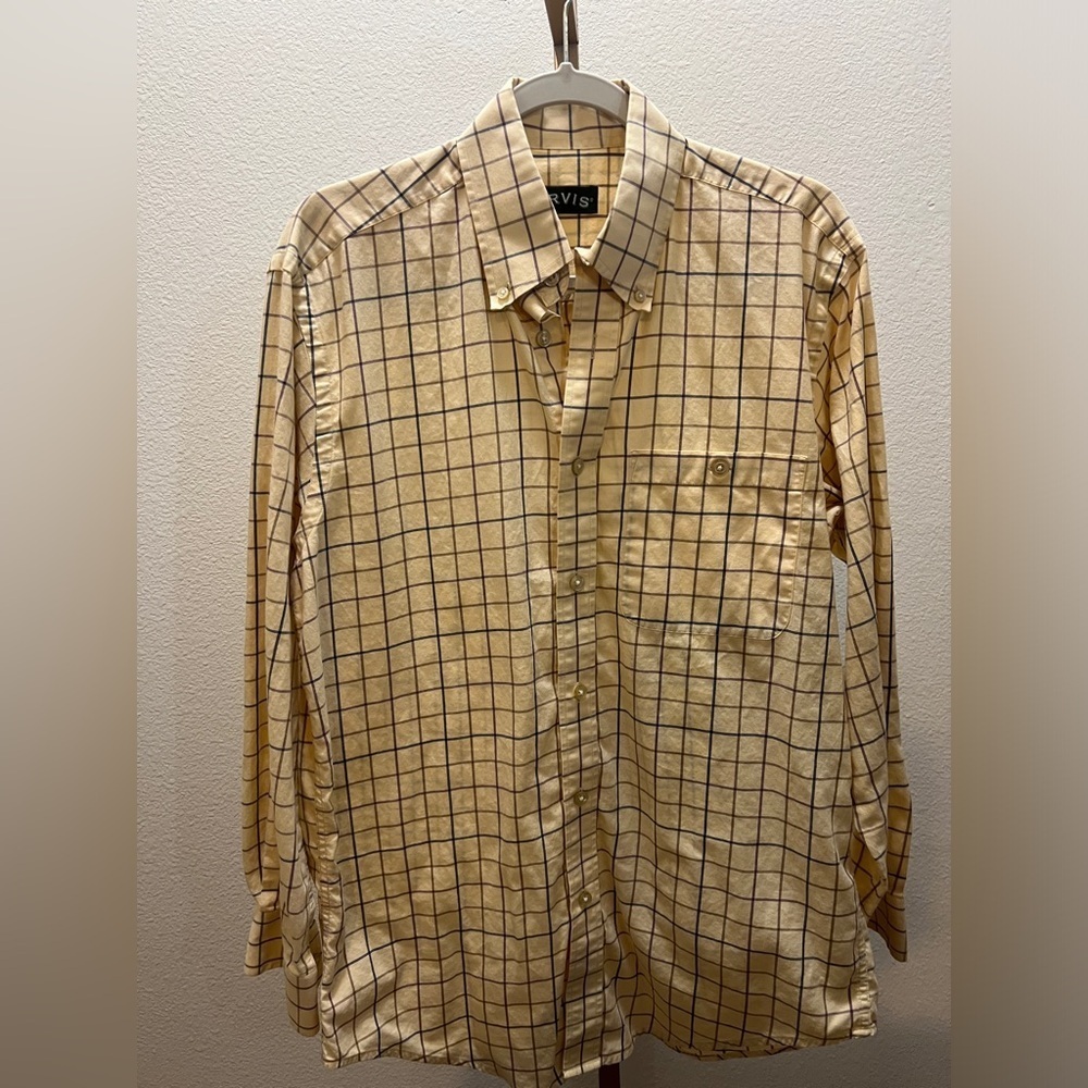 Orvis Pale Yellow Tan Blue Buttoned Down Shirt size M